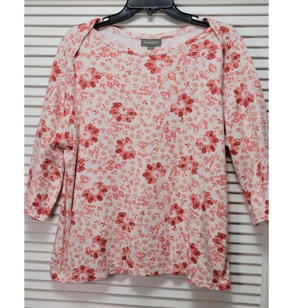 Style & Co Women 2X Pink Floral Supima Cotton 3/4 Sleeve Top Feminine Floral Top